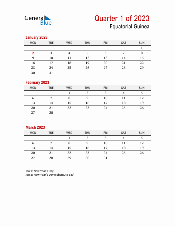 Printable Three Month Calendar with Equatorial Guinea Holidays