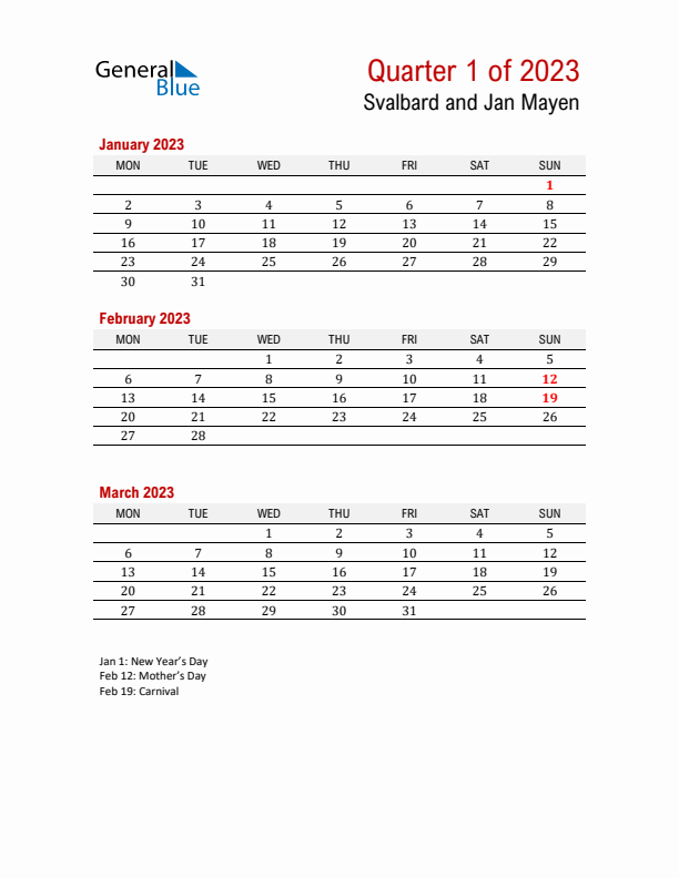 Printable Three Month Calendar with Svalbard and Jan Mayen Holidays