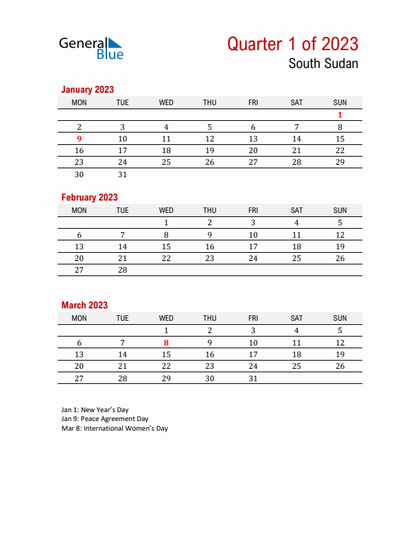 Printable Three Month Calendar with South Sudan Holidays