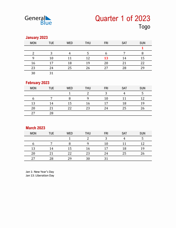 Printable Three Month Calendar with Togo Holidays