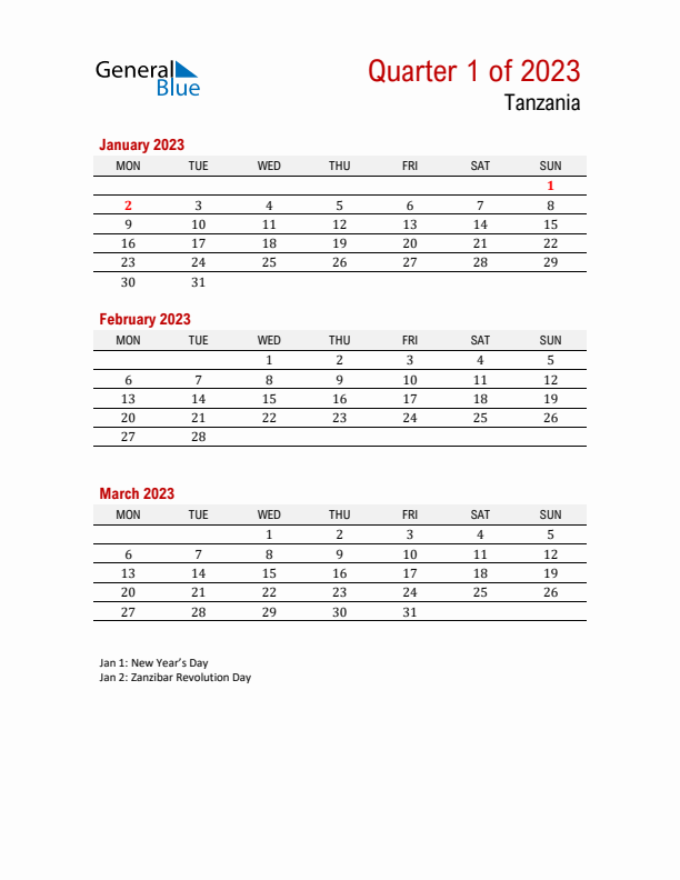 Printable Three Month Calendar with Tanzania Holidays