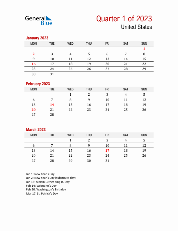 Printable Three Month Calendar with United States Holidays