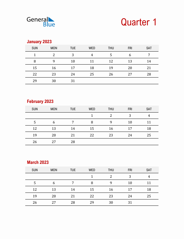 Three-Month Printable Calendar 2023