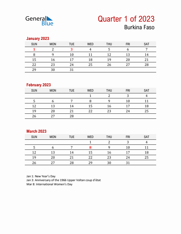 Printable Three Month Calendar with Burkina Faso Holidays