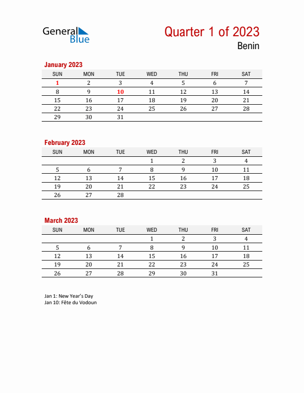 Printable Three Month Calendar with Benin Holidays