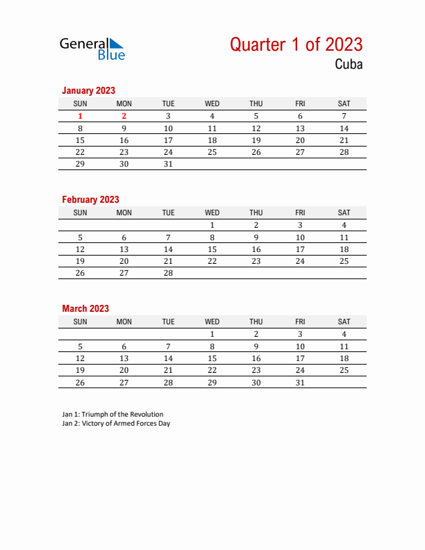 Printable Three Month Calendar with Cuba Holidays