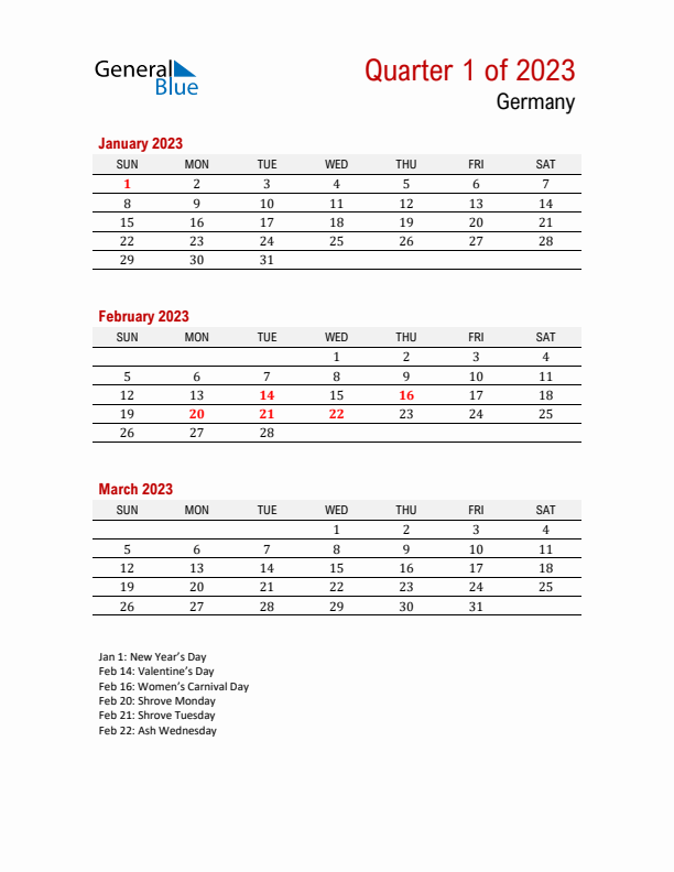 Printable Three Month Calendar with Germany Holidays