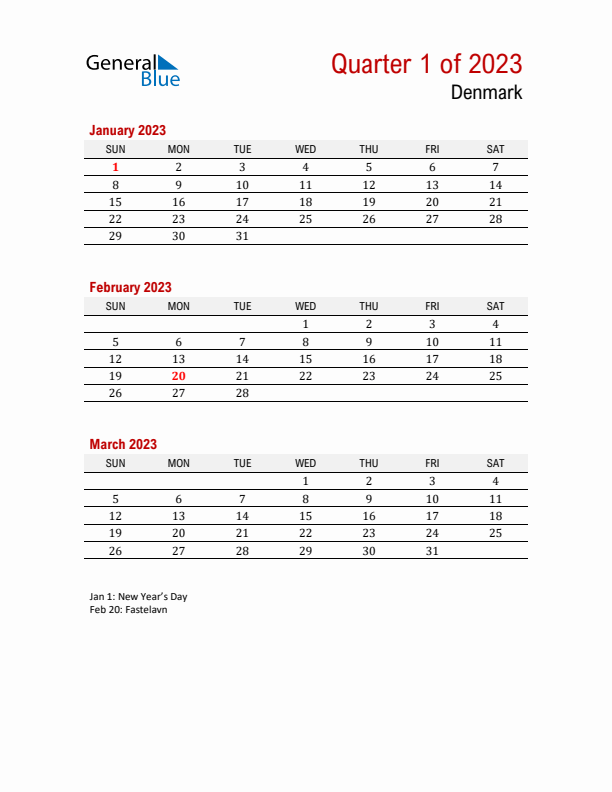 Printable Three Month Calendar with Denmark Holidays