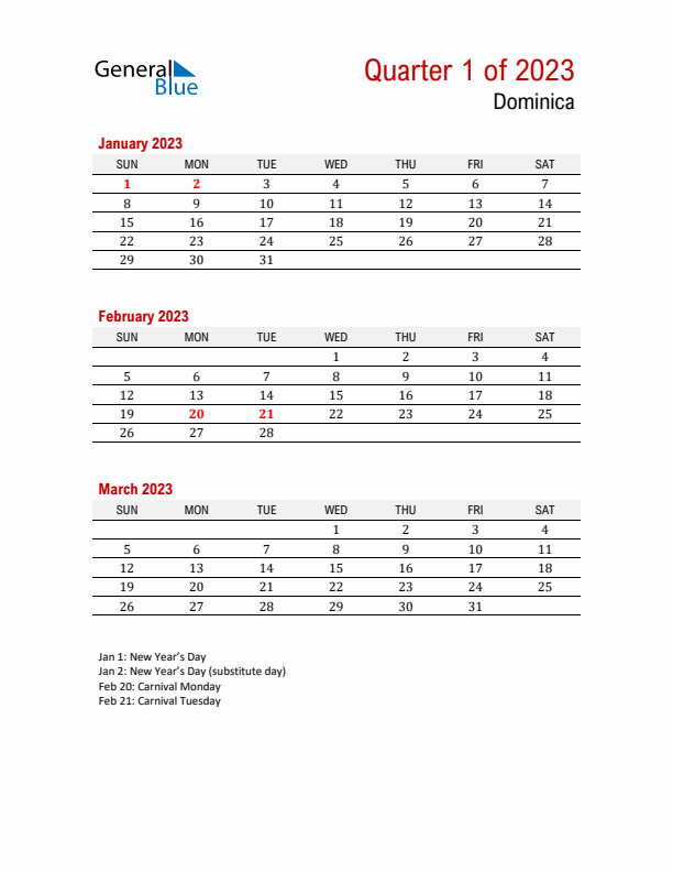 Printable Three Month Calendar with Dominica Holidays