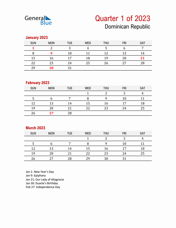 Printable Three Month Calendar with Dominican Republic Holidays