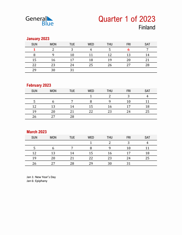 Printable Three Month Calendar with Finland Holidays