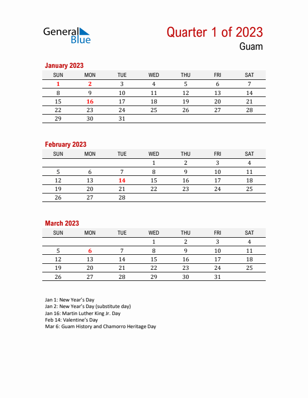 Printable Three Month Calendar with Guam Holidays