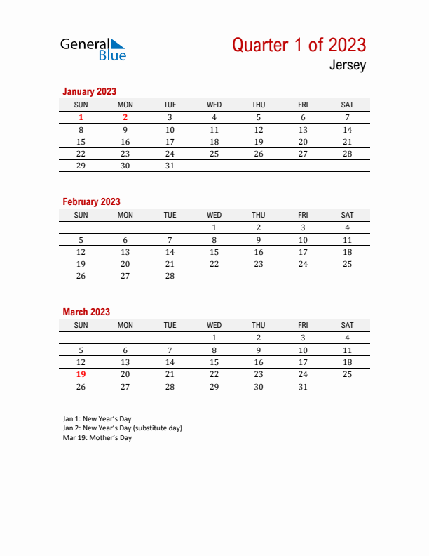 Printable Three Month Calendar with Jersey Holidays