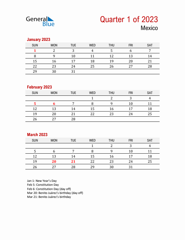 Printable Three Month Calendar with Mexico Holidays