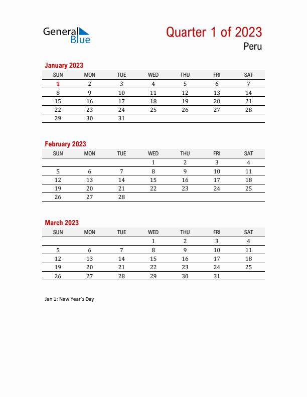 Printable Three Month Calendar with Peru Holidays