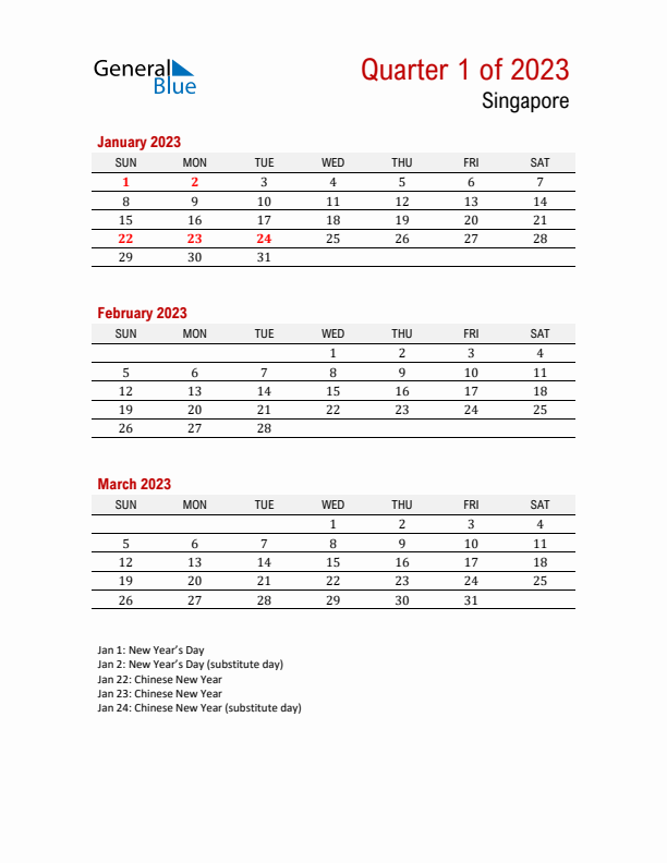 Printable Three Month Calendar with Singapore Holidays