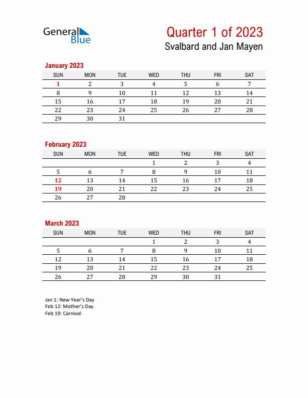 Printable Three Month Calendar with Svalbard and Jan Mayen Holidays