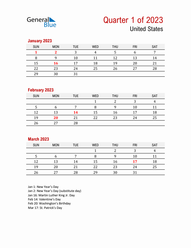 Printable Three Month Calendar with United States Holidays