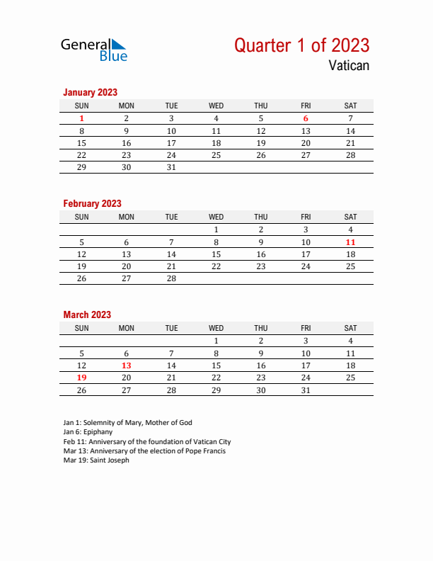 Printable Three Month Calendar with Vatican Holidays