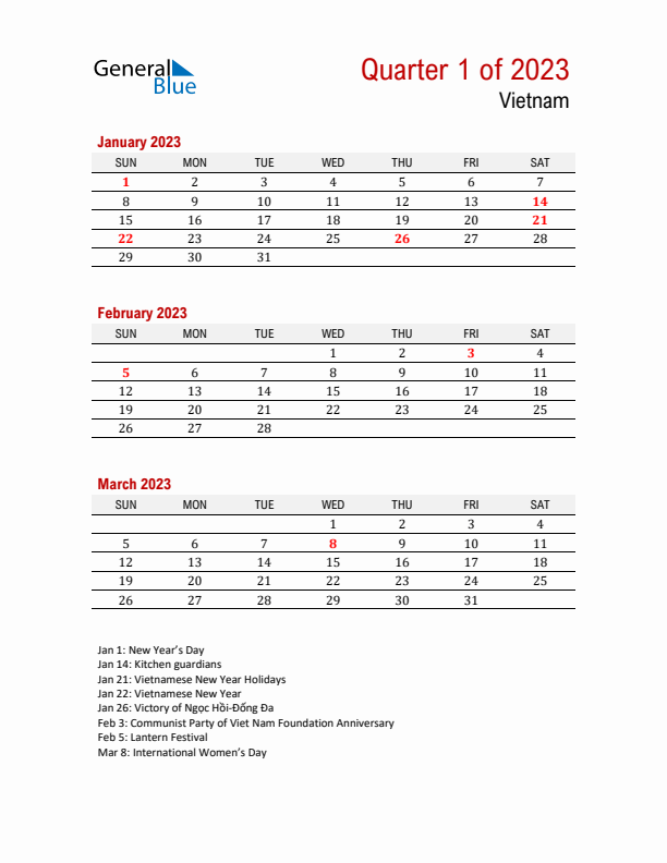 Printable Three Month Calendar with Vietnam Holidays