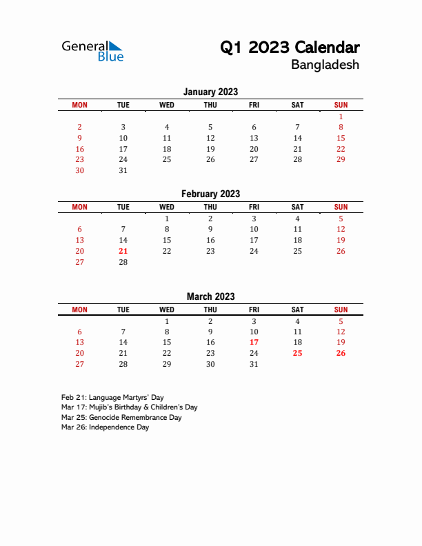 2023 Q1 Calendar with Holidays List for Bangladesh