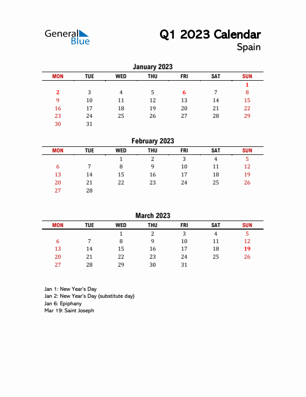 2023 Q1 Calendar with Holidays List for Spain