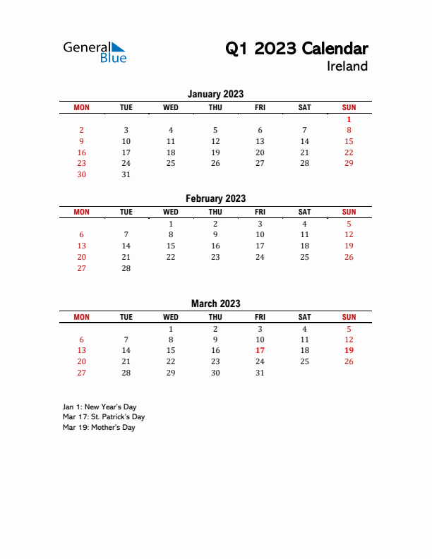 2023 Q1 Calendar with Holidays List for Ireland