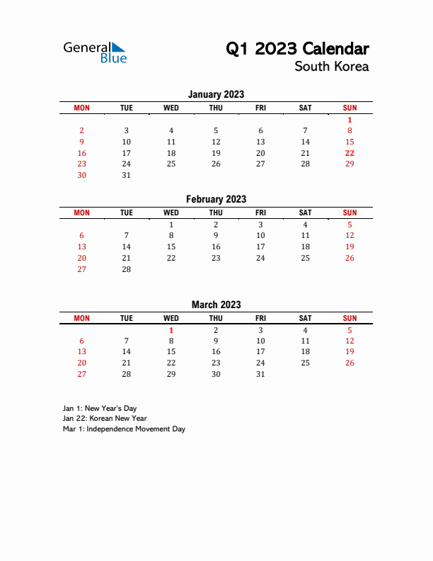 2023 Q1 Calendar with Holidays List for South Korea