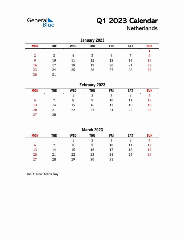 2023 Q1 Calendar with Holidays List for The Netherlands