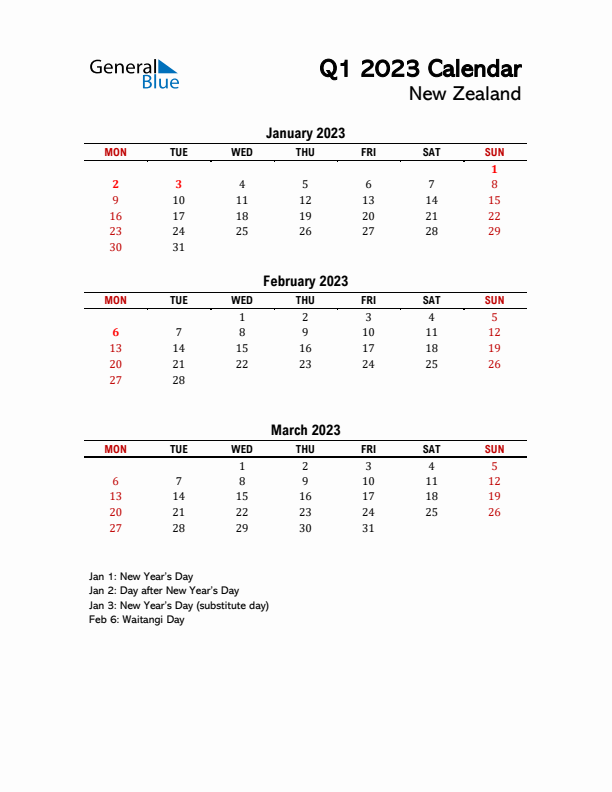 2023 Q1 Calendar with Holidays List for New Zealand