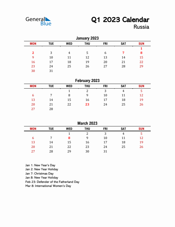 2023 Q1 Calendar with Holidays List for Russia