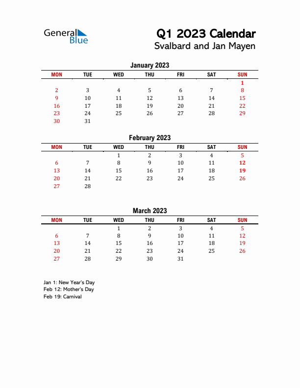 2023 Q1 Calendar with Holidays List for Svalbard and Jan Mayen