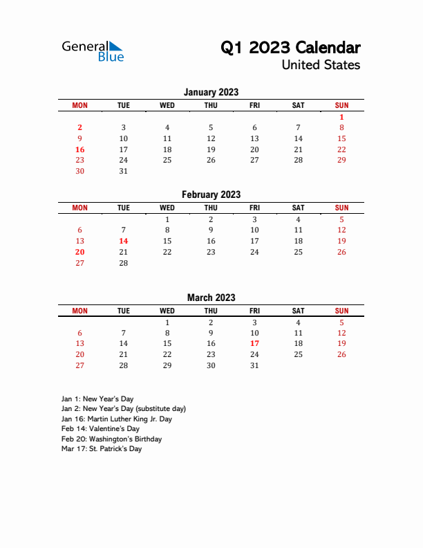 2023 Q1 Calendar with Holidays List for United States