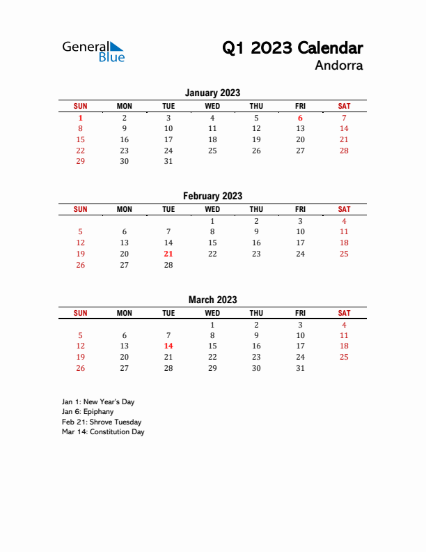 2023 Q1 Calendar with Holidays List for Andorra