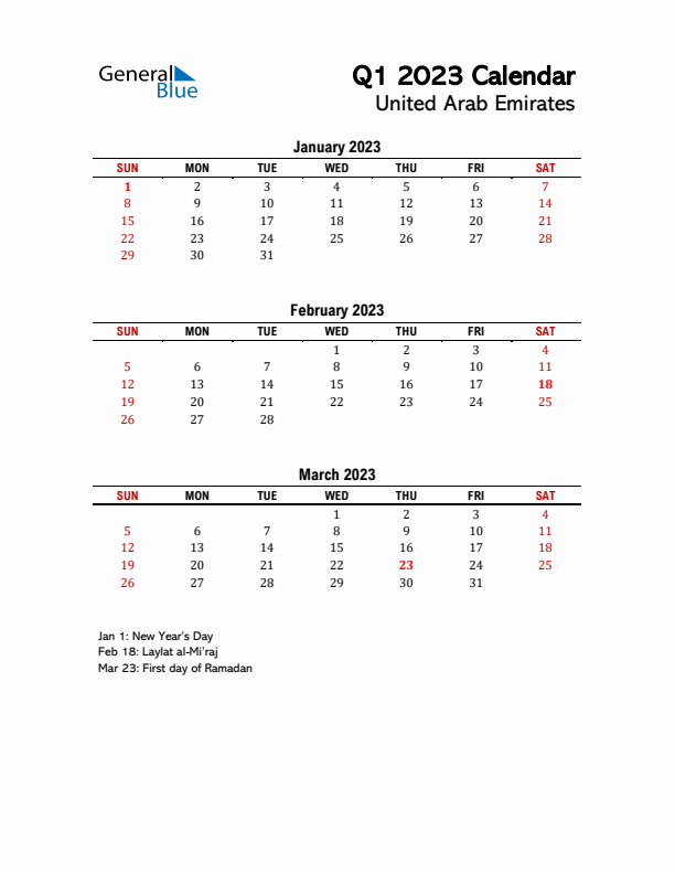 2023 Q1 Calendar with Holidays List for United Arab Emirates