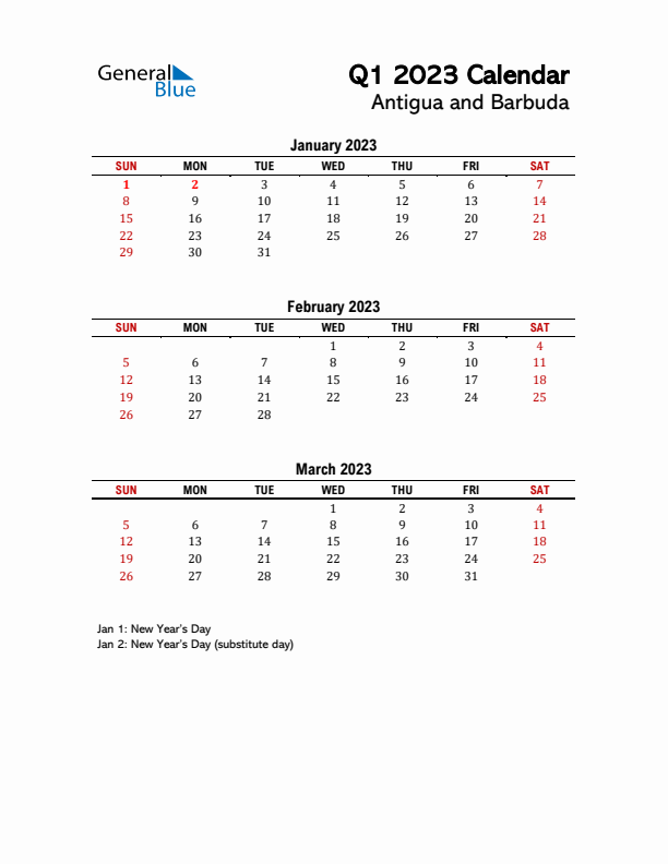 2023 Q1 Calendar with Holidays List for Antigua and Barbuda