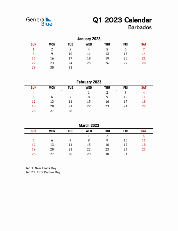 2023 Q1 Calendar with Holidays List for Barbados