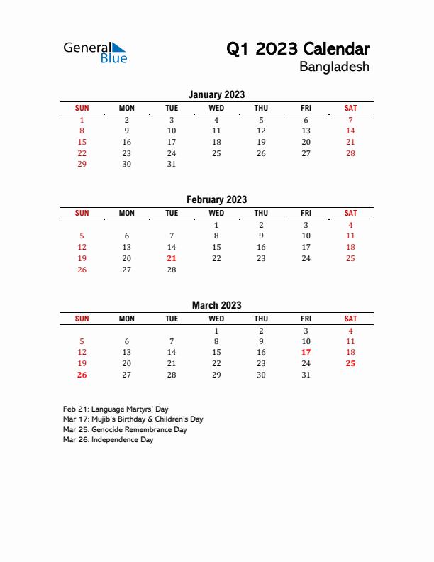 2023 Q1 Calendar with Holidays List for Bangladesh