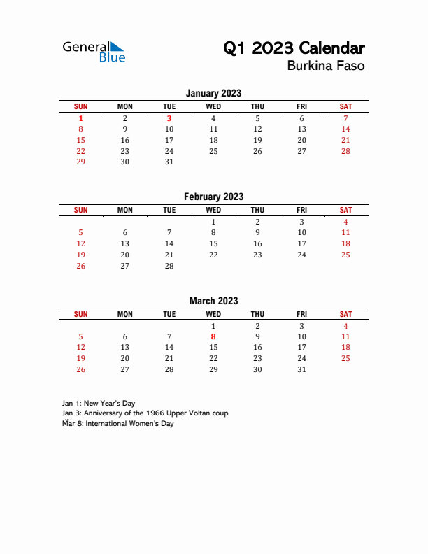 2023 Q1 Calendar with Holidays List for Burkina Faso