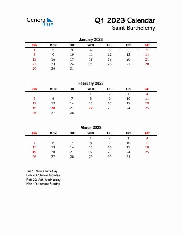 2023 Q1 Calendar with Holidays List for Saint Barthelemy