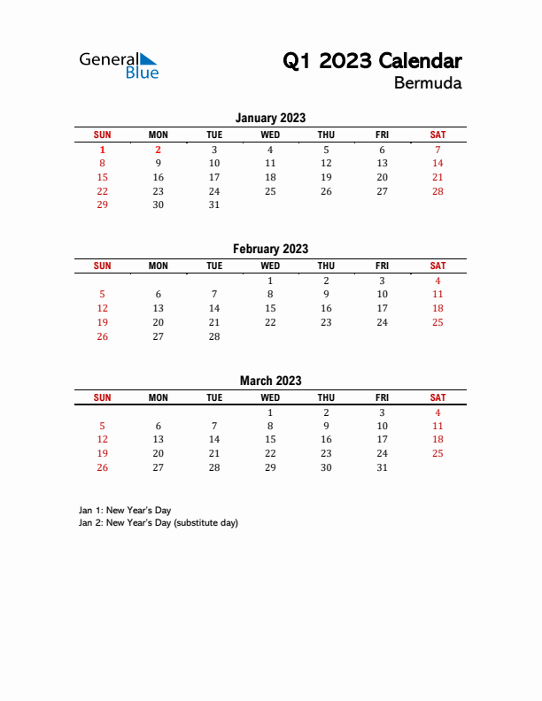 2023 Q1 Calendar with Holidays List for Bermuda