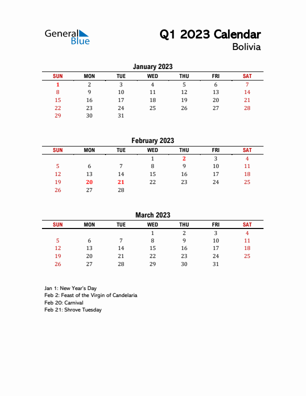 2023 Q1 Calendar with Holidays List for Bolivia