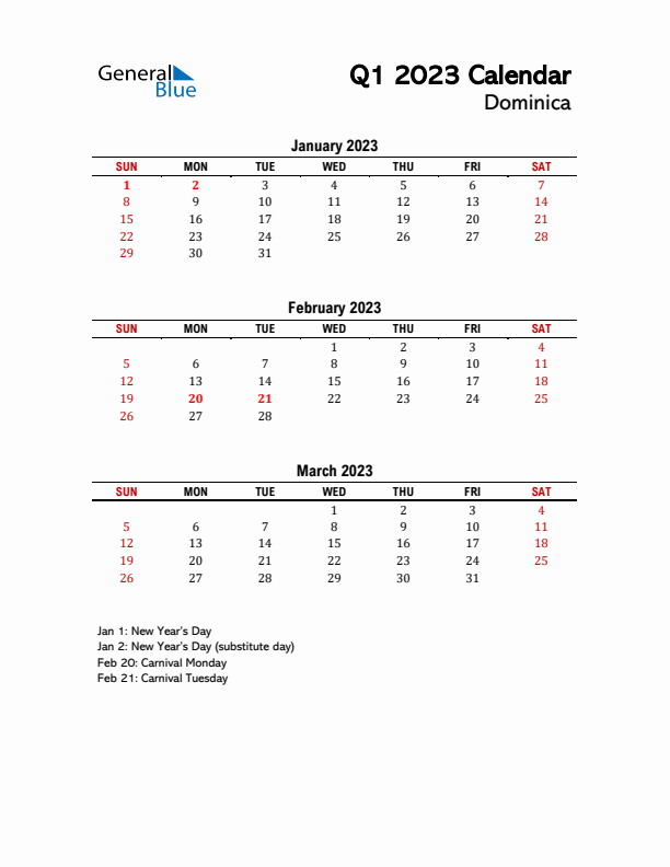 2023 Q1 Calendar with Holidays List for Dominica