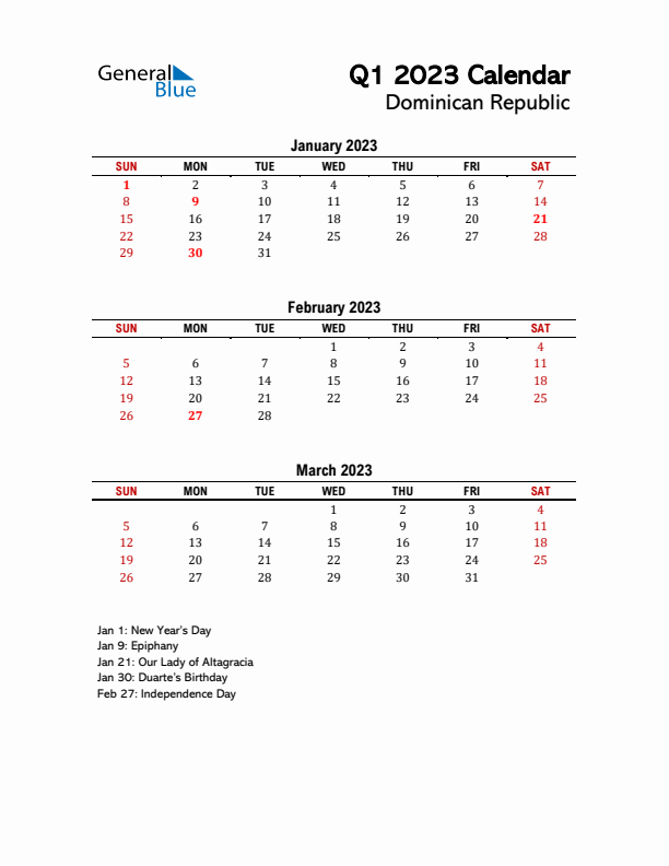 2023 Q1 Calendar with Holidays List for Dominican Republic