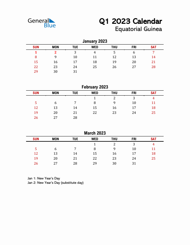 2023 Q1 Calendar with Holidays List for Equatorial Guinea