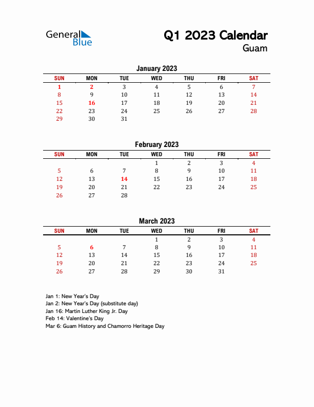 2023 Q1 Calendar with Holidays List for Guam