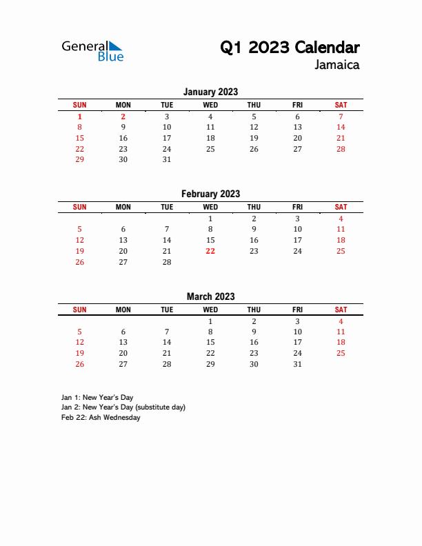 2023 Q1 Calendar with Holidays List for Jamaica