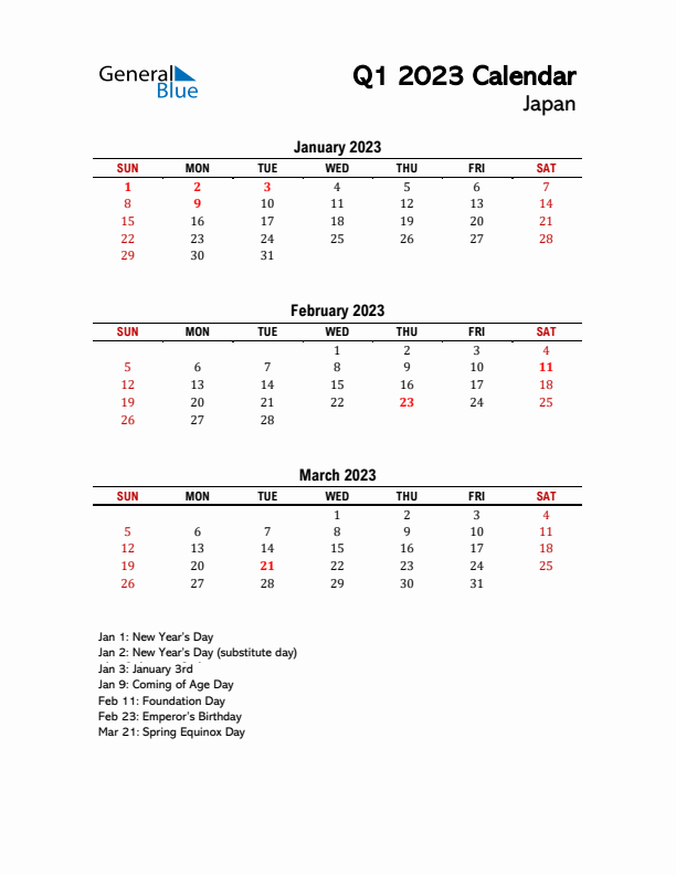 2023 Q1 Calendar with Holidays List for Japan