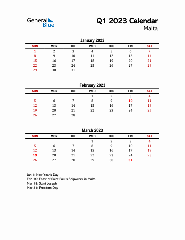 2023 Q1 Calendar with Holidays List for Malta