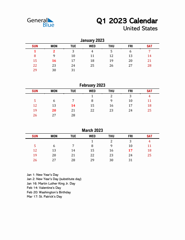 2023 Q1 Calendar with Holidays List for United States